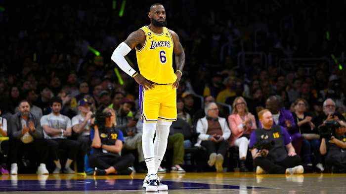 Los Angeles Lakers forward LeBron James stands on the court during the first quarter of game six of the 2023 NBA playoffs against the Memphis Grizzlies at Crypto.com Arena.